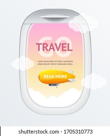 Realistic Detailed 3d Travel and Tourism Banner Card Vertical with Open Porthole and Dirigible. Vector illustration