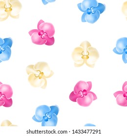 Realistic Detailed 3d Tropical Orchid Exotic Flower Seamless Pattern Background. Vector illustration