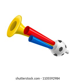 Realistic Detailed 3d Trumpets Football Fan Soccer Game Championship Element Pipe for Noise. Vector illustration of Horn Toy