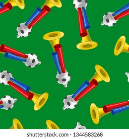 Realistic Detailed 3d Trumpets Football Fan Seamless Pattern Background Soccer Game Championship Element Pipe for Noise. Vector illustration of Horn Toy