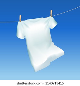 Realistic Detailed 3d Tshirt Hanging Out on a Blue Sky Background Closeup View. Vector illustration of Drying Cloth