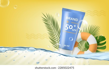 Realistic Detailed 3d Tube Waterproof Sunscreen Silky Protection Concept Background with Swimming Ring and Palm Branches. Vector illustration