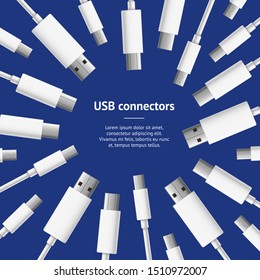 Realistic Detailed 3d USB Cable and Connector Types Card Communication Technology Concept. Vector illustration of Plug