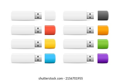 Realistic Detailed 3d Usb Flash Drive Set Opened View Portable Device for Transfer and Storage Data. Vector illustration