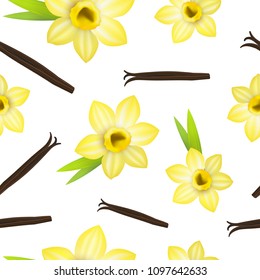 Realistic Detailed 3d Vanilla Flower and Pods Seamless Pattern Background on a White Spice for Dessert Tasty Flavor Ingredient Aromatherapy. Vector illustration