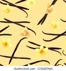 Realistic Detailed 3d Vanilla Flower and Pods Seamless Spice for Dessert. Vector illustration