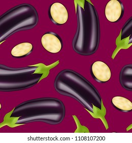 Realistic Detailed 3d Vegetable Whole Purple Eggplant and Slice Seamless Pattern Background Raw Tasty Healthy Food. Vector illustration of Aubergine