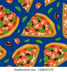 Realistic Detailed 3d Vegetarian Pizza Slice Seamless Pattern Background Italian Fast Food with Tomato and Mushroom Traditional Snack for Menu Restaurant. Vector illustration