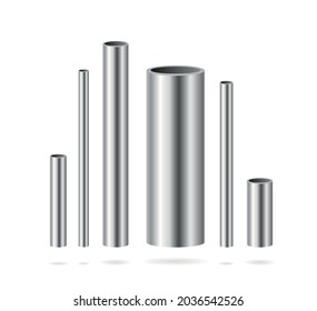 Realistic Detailed 3d Vertical Steel or Metal Pipes Different Shapes Set. Vector illustration of Iron Tubes for Pipeline