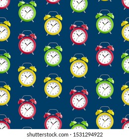 Realistic Detailed 3d Vintage Color Alarm Clocks Seamless Pattern Background Symbol of Morning Wake Up. Vector illustration of Clock