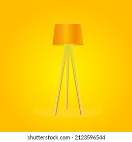 Realistic Detailed 3d Vintage Floor Lamp Illuminated with Wooden Tripod Standing on a Yellow Background. Vector illustration