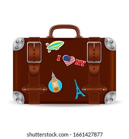 Realistic Detailed 3d Vintage Travel Bag with Stickers Symbol of Journey and Vacation. Vector illustration of Suitcase