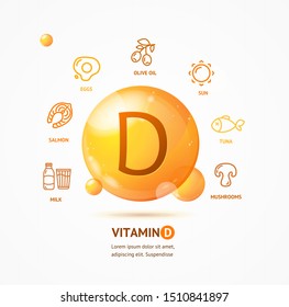 Realistic Detailed 3d Vitamin D Card Concept and Thin Line Icons Set Healthy Nutrition or Diet. Vector illustration