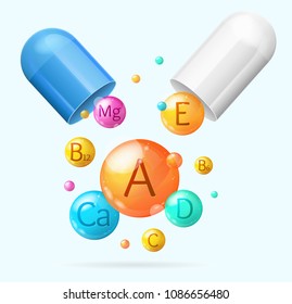 Realistic Detailed 3d Vitamin and Mineral with Pill Background Card Concept Healthy Nutrition or Diet. Vector illustration of Pharmaceutical Capsule
