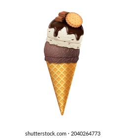 Realistic Detailed 3d Waffle Cone with Scoops of Ice Cream. Vector illustration of Icecream with Different Flavors