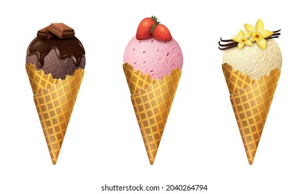 Realistic Detailed 3d Waffle Cone with Scoops of Ice Cream Set. Vector illustration of Icecream Vanilla, Chocolate and Strawberry Flavors