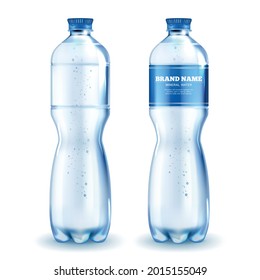 Realistic Detailed 3d Water Plastic Bottle Set Empty Template and with Tag. Vector illustration of Fresh Drink Bottles