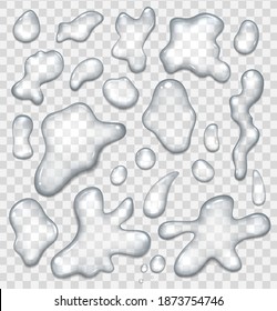 Realistic Detailed 3d Water Spill Puddles Drops Set on a Transparent Background. Vector illustration of Drop