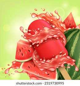 Realistic Detailed 3d Watermelon Ice Popsicle Concept Background on a Green. Vector illustration of Refreshing Summer Dessert