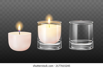 Realistic Detailed 3d Wax Candle in Glass Jar Set for Home on a Transparent Background. Vector illustration