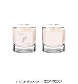 Realistic Detailed 3d Wax Candle in Glass Jar Set with Label and Empty Mockup Template. Vector illustration