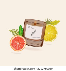 Realistic Detailed 3d Wax Candle with Citrus. Vector illustration of Candlelight with Grapefruit and Lemon Slices