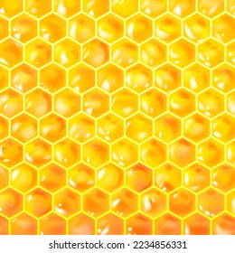 Realistic Detailed 3d Wax Honeycomb Seamless Pattern Background Beehive Concept. Vector illustration of Yellow Hexagonal Cells Texture.