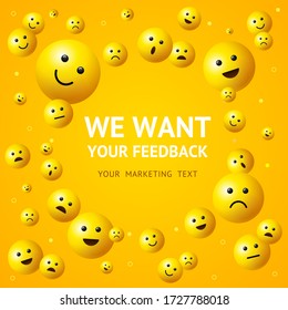 Realistic Detailed 3d We Want Feedback Concept Ad Poster Card with Yellow Emoji Sign. Vector illustration