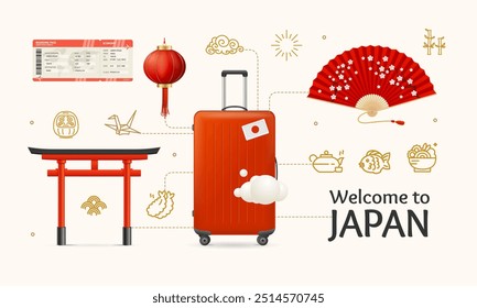 Realistic Detailed 3d Welcome Japan Travel and Tourism Concept with Ticket, Suitcase, Food, Torii Gate and Hand Fan . Vector illustration