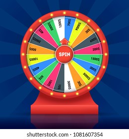 Realistic Detailed 3d Wheel Luck Fortune Spinning Lucky Roulette Gambling Game in Casino on a Blue. Vector illustration of Success Symbol