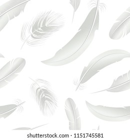 Realistic Detailed 3d White Bird Feathers Seamless Pattern Background on a White Symbol of Wing, Pen or Decoration. Vector illustration of Fluffy Feather