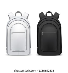 Realistic Detailed 3d White and Black Blank School Backpacks Empty Template Mockup Set. Vector illustration of Mock Up Backpack