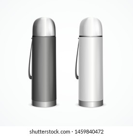 Realistic Detailed 3d White and Black Blank Thermos with Handle Template Mockup Set. Vector illustration of Thermo Flask
