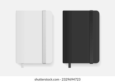 Realistic Detailed 3d White and Black Copybook Template with Elastic Band and Bookmark Set. Vector illustration