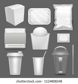 Realistic Detailed 3d White Blank Fast Food Package Template Mockup Set. Vector Illustration Of Disposable Pack Mock Up