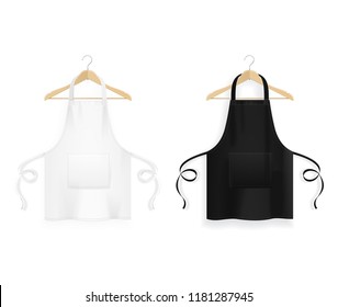 Realistic Detailed 3d White Blank Black and White Kitchen Apron with Wooden Clothes Hangers Template Mockup Set. Vector illustration