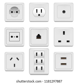 Realistic Detailed 3d White Blank Socket and Switch Template Mockup Set Energy Technology. Vector illustration of Mock Up