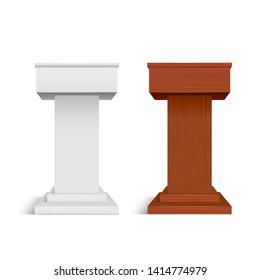 Realistic Detailed 3d White Blank and Wooden Stage Stand Template Mockup Set for Presentation, Debate, Conference and Lecture. Vector illustration
