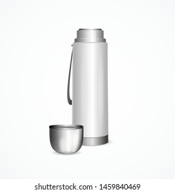 Realistic Detailed 3d White Blank Thermos with Cap Template Mockup. Vector illustration of Thermo Flask for Hot Drink