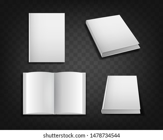 Realistic Detailed 3d White Blank Book Cover Empty Template Mockup Set on a Transparent Background. Vector illustration