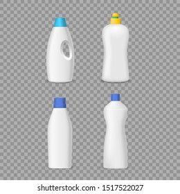 Realistic Detailed 3d White Blank Detergent Bottles Empty Template Mockup Set and Color Caps on a Transparent Background. Vector illustration of Bottle