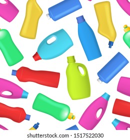 Realistic Detailed 3d White Blank Detergent Bottles and Color Caps Seamless Pattern Background on a White. Vector illustration of Bottle