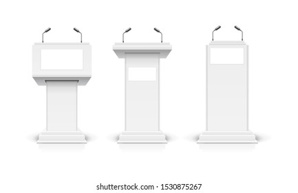 Realistic Detailed 3d White Blank Podium Tribune Debate Or Stage Stand Empty Template Mockup Set. Vector Illustration