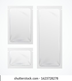 Realistic Detailed 3d White Blank Sachets Template Mockup Set Different Size . Vector illustration of Package Product