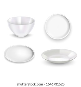 Realistic Detailed 3d White Blank Plates Empty Template Mockup Set. Vector illustration of Mock Up Simple Dishware Plate