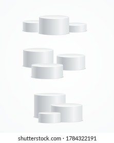Realistic Detailed 3d White Blank Round Stage Podium Empty Template Mockup Set Isolated on a Background. Vector illustration