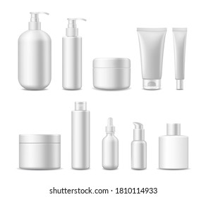 Realistic Detailed 3d White Blank Cosmetic Package Empty Template Mockup Set Include of Container, Bottle and Tube. Vector illustration