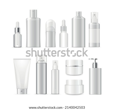 Realistic Detailed 3d White Blank Cosmetic Bottle Mockup Set Tube and Dropper. Vector illustration of Bottles for Beauty Care