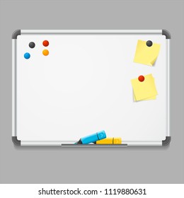 Realistic Detailed 3d White Board with Marker, Magnetic Elements and Paper for Reminder on a Grey. Vector illustration