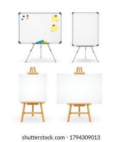 Realistic Detailed 3d White Boards Set Empty Template Mockup and with Magnets and Whiteboard Markers . Vector illustration